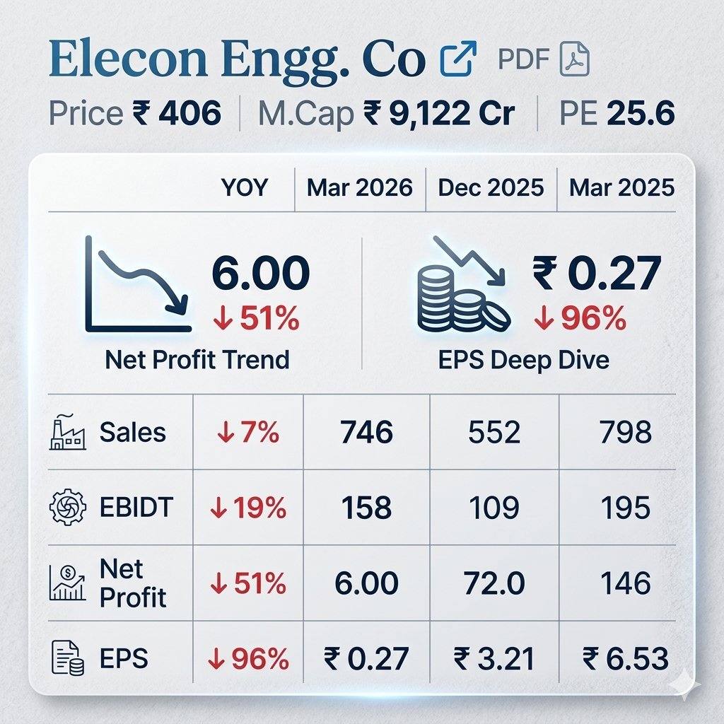 Elecon Engg. Co's March 2026 performance highlights a significant overall drop, with a 51% decline in net profit and a steep 96% fall in EPS year-over-year.