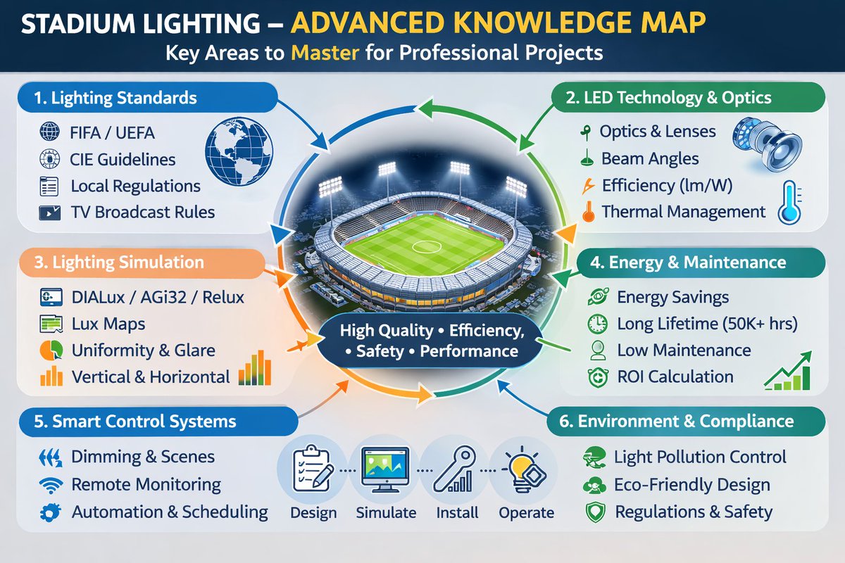 UniluminS58340's tweet image. Stadium lighting = more than just lumens.

It is about professional sports lighting solutions.

Here’s a quick breakdown of what actually matters:
• Standards for broadcast
• LED optics &amp;amp; efficiency
• Simulation (lux, glare, uniformity)
• Energy &amp;amp; ROI
#sportslighting