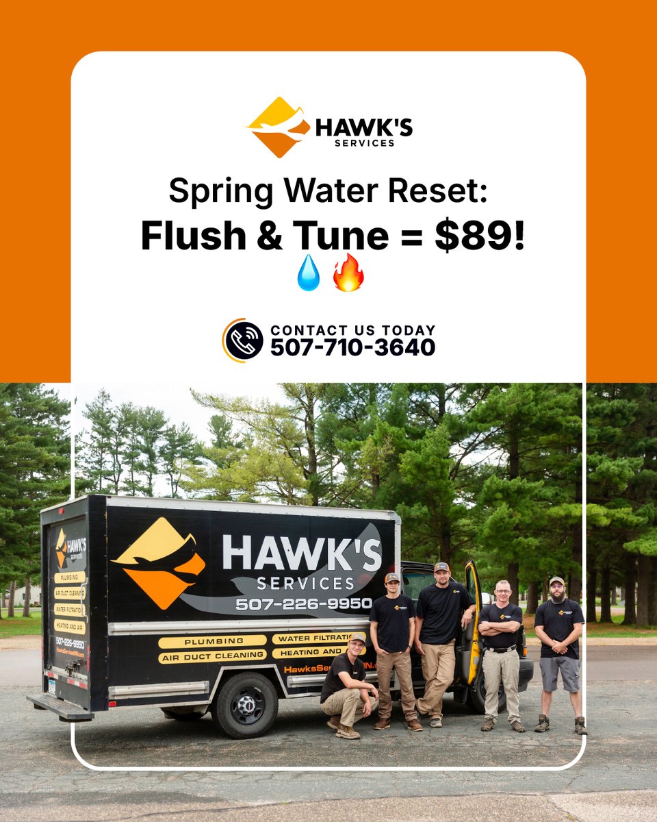 HawksServices's tweet photo. Hawk’s Spring Water Reset💧

Get your home ready with a full water heater flush 🔥 and water softener tune-up 💧 — all for just $89. Keep water flowing and systems running smoothly this spring. 🌷

📞 507-710-3640 | Rochester, MN
https://t.co/6zPQ8x1Q2X
#SpringWaterReset https://t.co/WJpluKjC4T