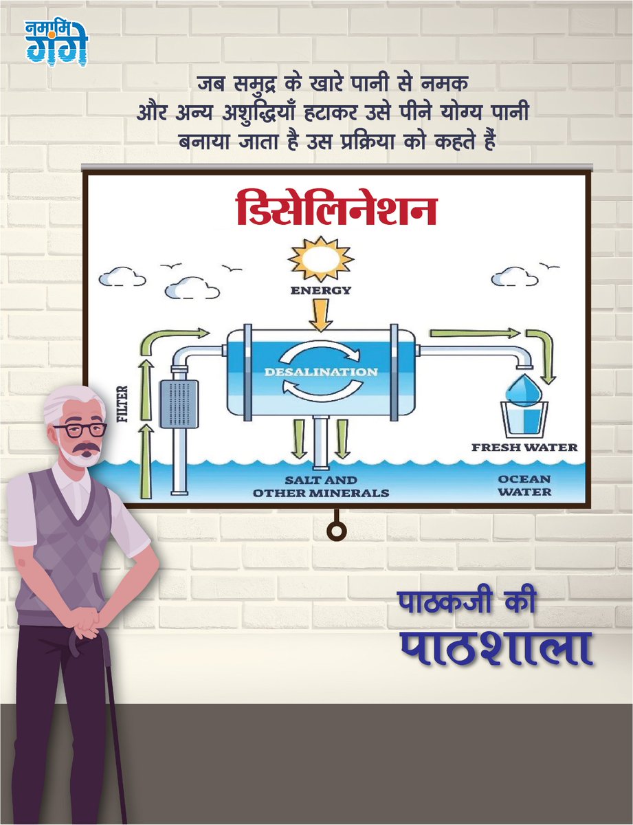 cleanganganmcg's tweet image. पाठक जी की पाठशाला में आज हम जानेंगे डिसेलिनेशन के बारे में। डिसेलिनेशन में विशेष तकनीकों और मशीनों का उपयोग कर समुद्री पानी में मौजूद नमक और हानिकारक पदार्थ अलग कर दिए जाते हैं। इसके बाद बचा हुआ पानी साफ और उपयोग के योग्य हो जाता है।

#Desalination #CleanWater #WaterTechnology