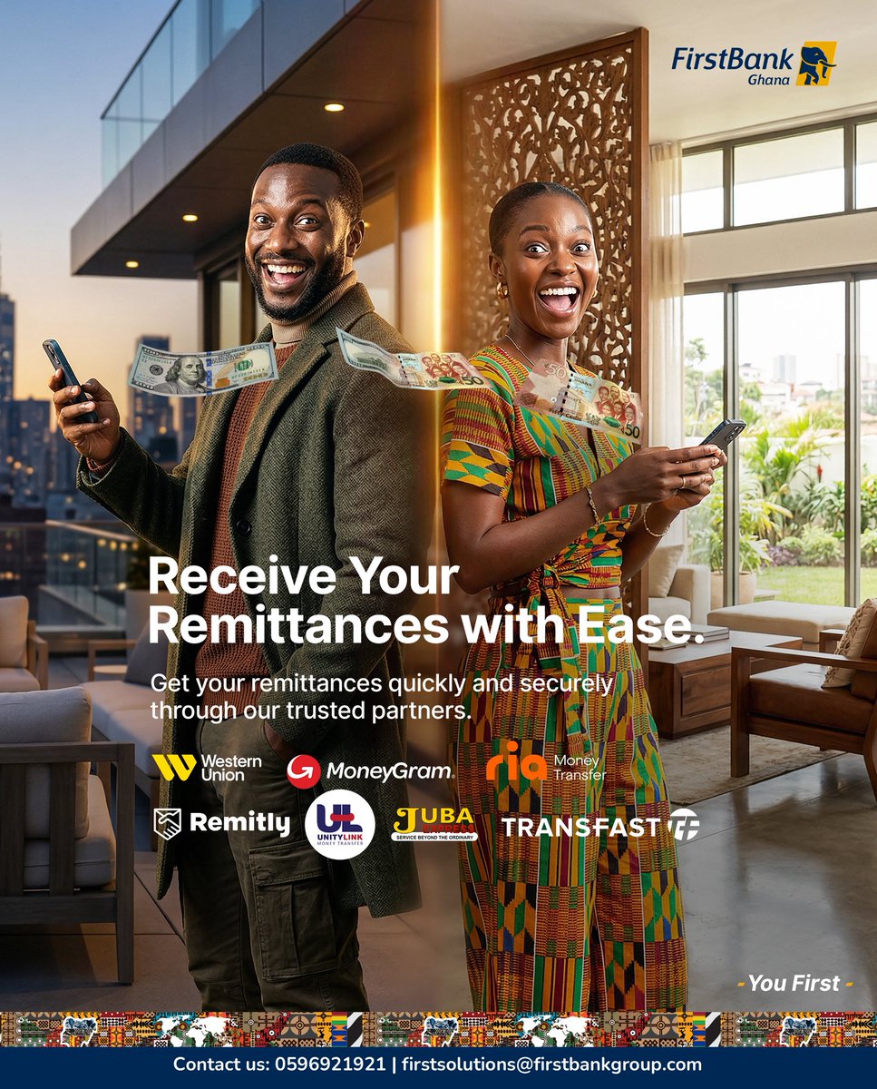 Receive remittances easily, faster and safer with our remittance partners via our branches nationwide.

#Remittance #FirstBankGhana #MoneyTransfer #Remittance #YouFirst