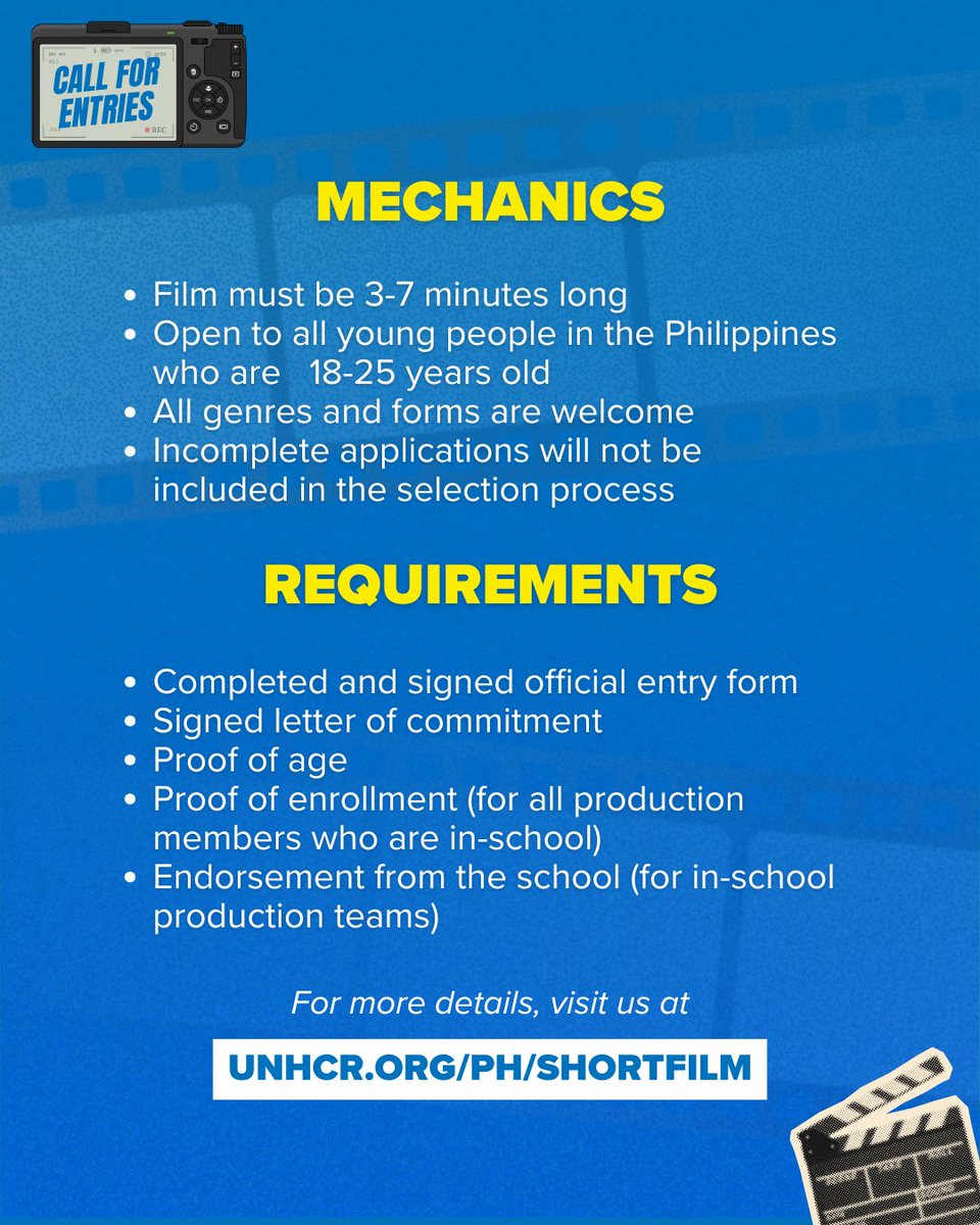 UNHCRPh's tweet photo. 🎬 CALLING YOUNG FILMMAKERS 👀

Join the 4th Refugee Film Festival Short Film Competition!

This year’s theme: “Solutions in Motion: Rebuilding Futures Together."

For more information on the requirements and mechanics, visit https://t.co/CcipnRs9ZP. https://t.co/jwJKOkKGso