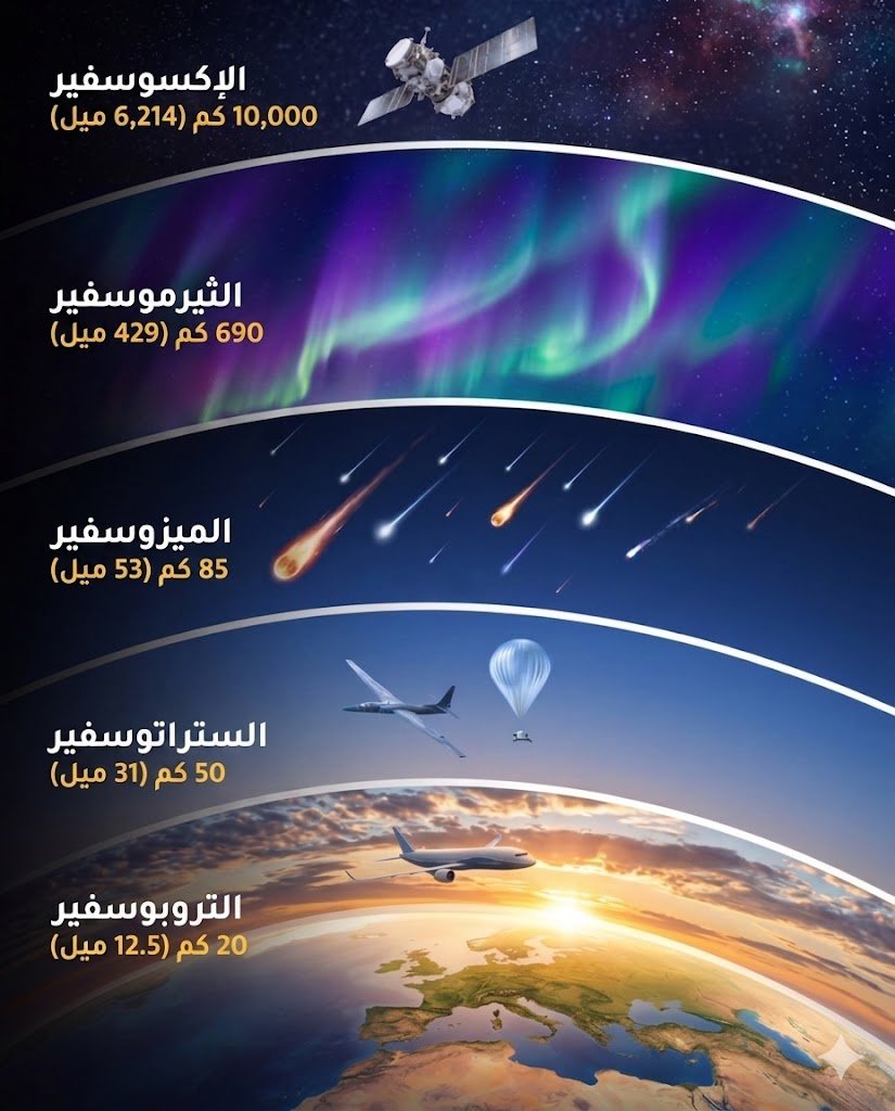 ALMISNID's tweet photo. 🌍 هل تساءلت يوماً أين تحلق الطائرات وأين تحترق النيازك؟

الغلاف الجوي الأرضي درعنا الواقي بإذن الله تعالى .. يتكون من 5 أغلفة رئيسة .. لكل منها وظيفة:

1️⃣ طبقة التروبوسفير: مسرح الطقس ومسار الطائرات التجاري ✈️ 
2️⃣ طبقة الستراتوسفير: درع الأوزون ومسار مناطيد الرصد 🎈 
3️⃣ طبقة الميزوسفير: الطبقة الأبرد ومحرقة النيازك بإذن الله ☄️ 
4️⃣ طبفة الثيرموسفير: مسرح الألوان ��لشفق القطبي 🌌
5️⃣ طبقة الإكسوسفير: الغلاف الخارجي ومدار الأقمار الصناعية 🛰️
تبارك الله أحسن الخالقين.