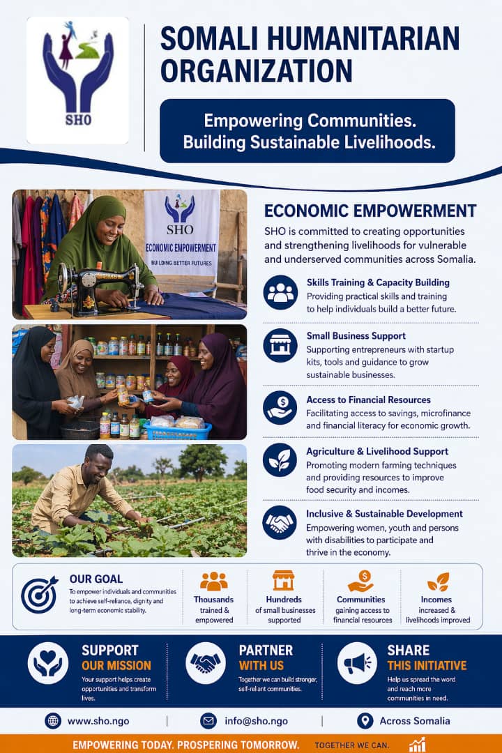 ShoSomalia's tweet image. Empowering Communities Through Sustainable Livelihoods in Somalia

🌐 sho.ngo
📩 info@sho.ngo
🌐 sho.org.so
📩 info@sho.org.so

#EconomicEmpowerment #SustainableLivelihoods #CommunityDevelopment  #HumanitarianAid #WomenEmpowerment #YouthEmpowerment