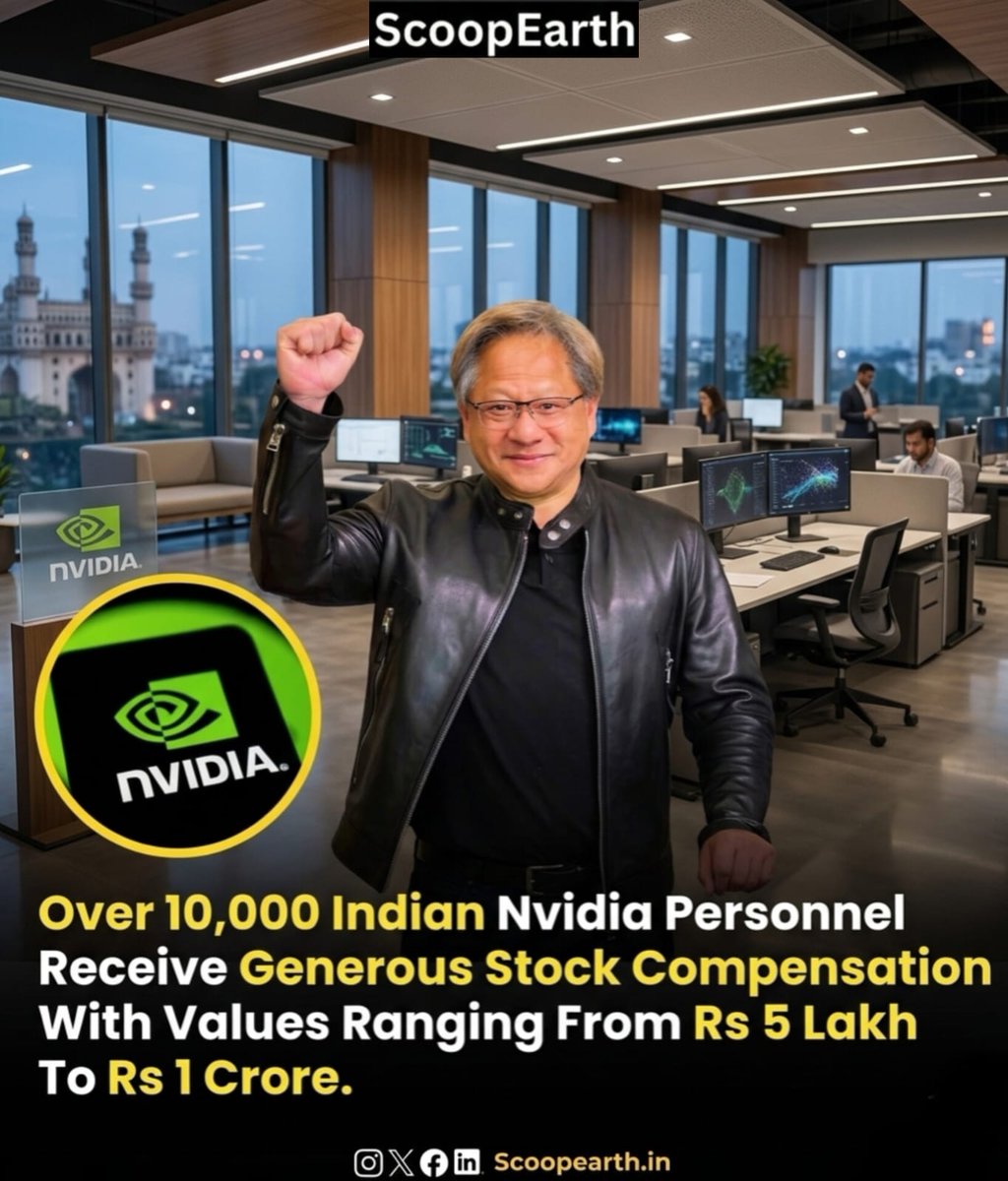 Scoopearth1's tweet image. 🚀@nvidia  rewards over 10,000 Indian employees with generous stock compensation, ranging from ₹5 lakh to ₹1 crore, highlighting booming tech growth and wealth creation in India’s semiconductor and AI ecosystem. #Nvidia #AI #TechIndia #StockMarket #Innovation #scoopearth