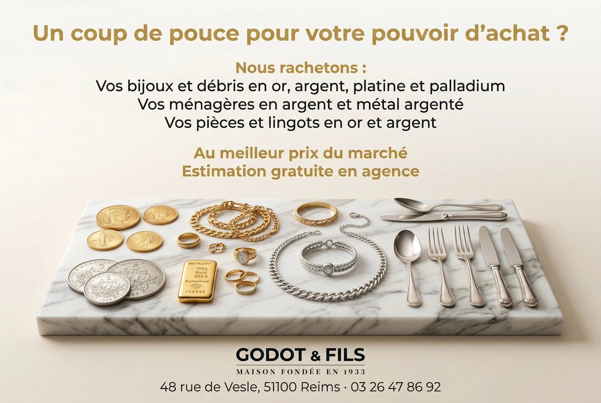 GodotFilsReims's tweet image. 💰 Un coup de pouce pour votre pouvoir d'achat ? 🤔
Chez @GodotFilsReims, nous rachetons vos métaux précieux.

N’hésitez pas à nous contacter !
◾️Nos coordonnées :
📍48, rue de Vesle.
📆 Du lundi au vendredi.
⌚️ De 10h à 18h30.
#Reims #Or #Argent #Budget #Finance #PouvoirdAchat