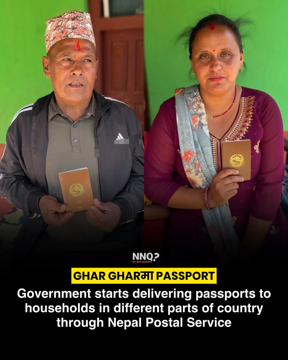 NoNext_Question's tweet image. The government has started delivering passports to households in different parts of the country through the Nepal Postal Service. 

This door-to-door service has already begun in Makwanpur, Myagdi, and Siraha districts.

#goodnews #ramrosamachar #nepal #nonextquestion