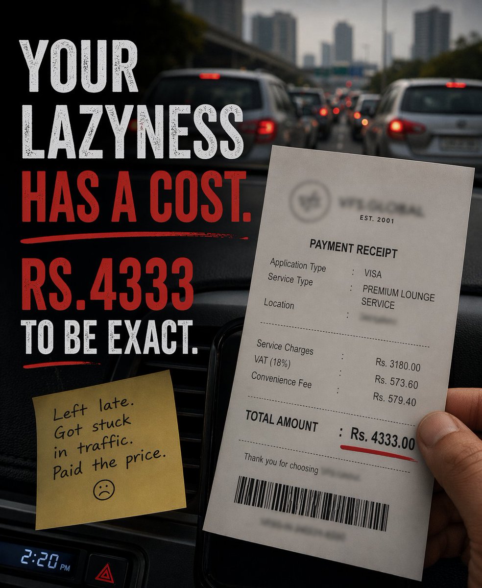 uvkewate's tweet image. Left late.
Got stuck in traffic.
Paid the price.

₹4,333 for a mistake that took 10 minutes to avoid.

Being late isn’t free. It just shows up as a bill later.

#founderlife #lessonslearned #buildinpublic