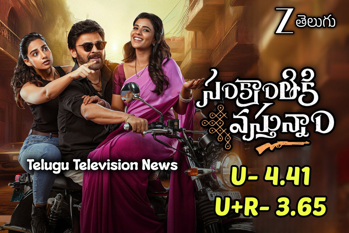 TeluguTvExpress's tweet image. #SankranthikiVasthunam Last Week Telecast On #ZeeTelugu Gets 4.41 TRP In Urban and 3.65 TRP In U+R Markets 

#Venkatesh #AishwaryaRajesh #MeenakshiChaudhary @VenkyMama @anilravipudi @aishu_dil @Meenakshiioffl @SVC_official