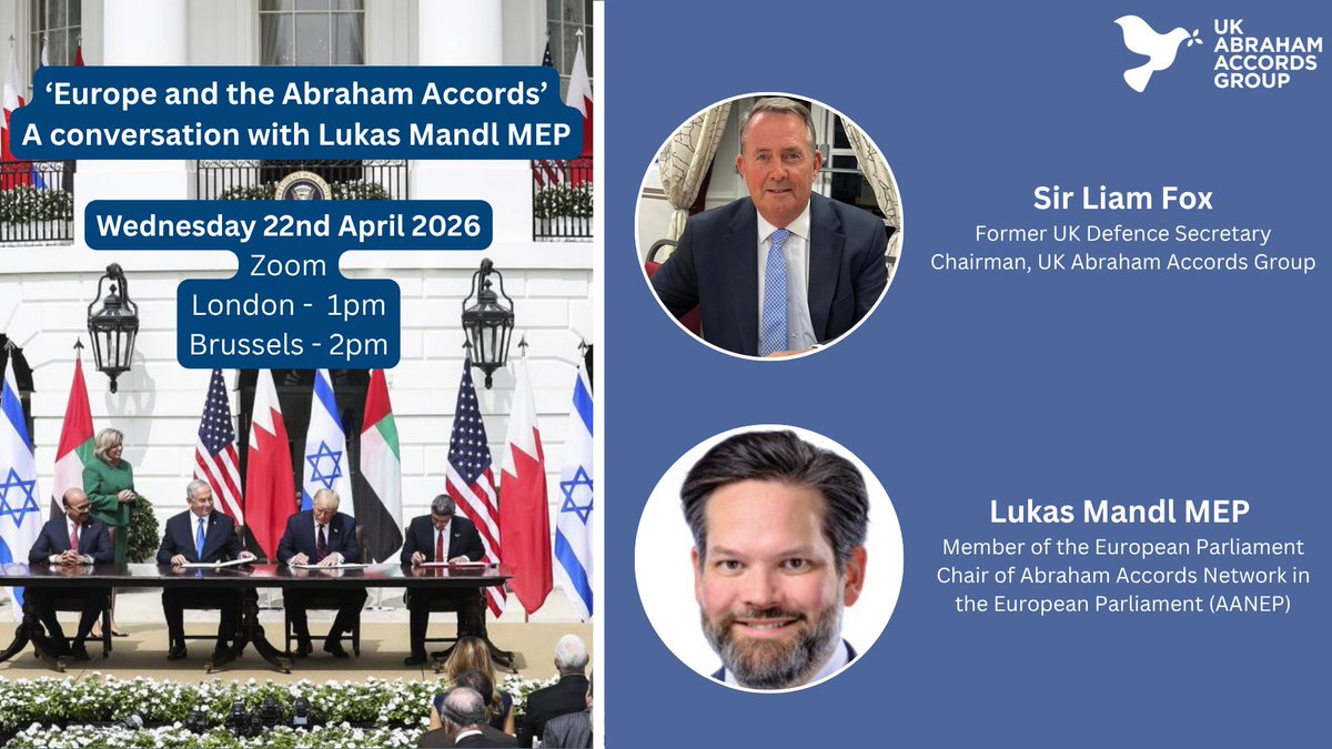 WEBINAR - Wednesday 22nd April, 1pm (UK)

Join Sir <a href="/LiamFox/">Sir Liam Fox</a> for a discussion with <a href="/lukasmandl/">Lukas Mandl</a>, Member of the European Parliament and head of the Abraham Accords Network in the European Parliament (AANEP).

Sign up here👇

us06web.zoom.us/webinar/regist…