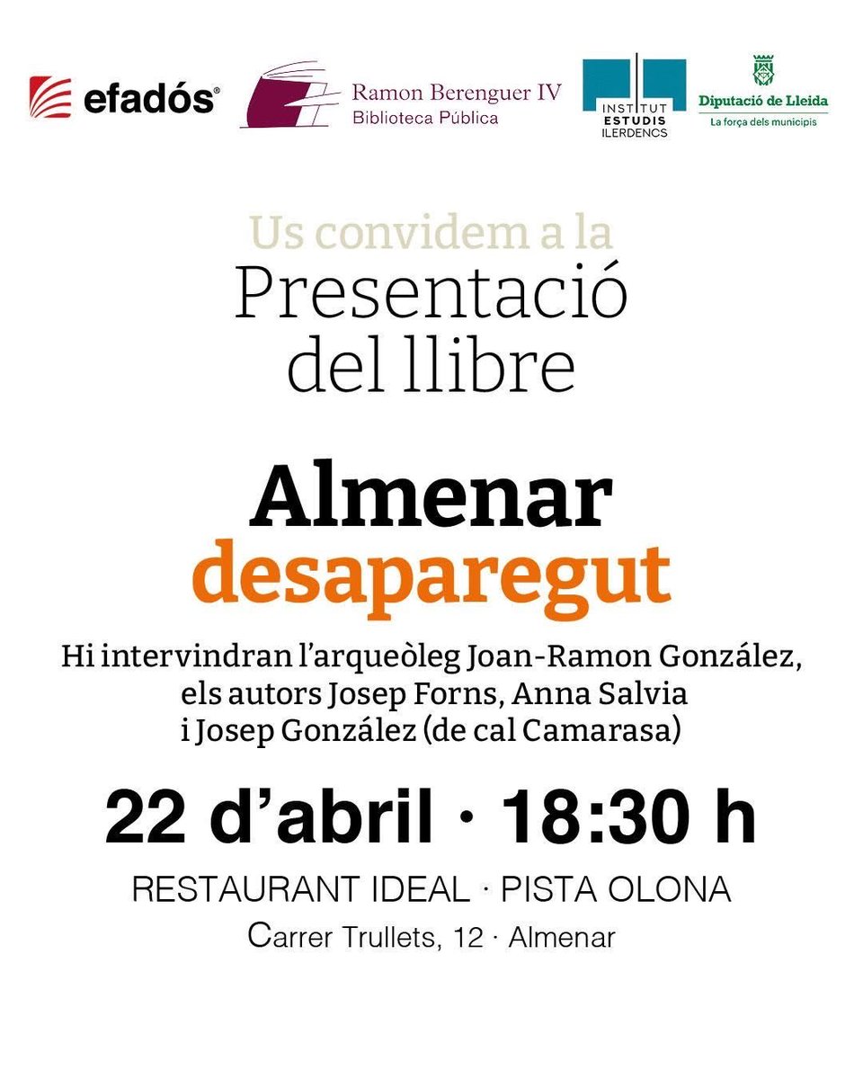 AnnaMSalvia's tweet photo. Els autors i l’editorial Efadós us inviten a l’acte:
Dimecres 22 d’abril
A les 18:30 h
A la Pista Olona del restaurant Ideal

La introducció anirà a càrrec de l’Abril Nogueras Fontova. 

Hi intervindran: Joan Ramon González; Josep Forns; Anna Salvia i Josep González (Camarasa). https://t.co/ATRbyozVxe