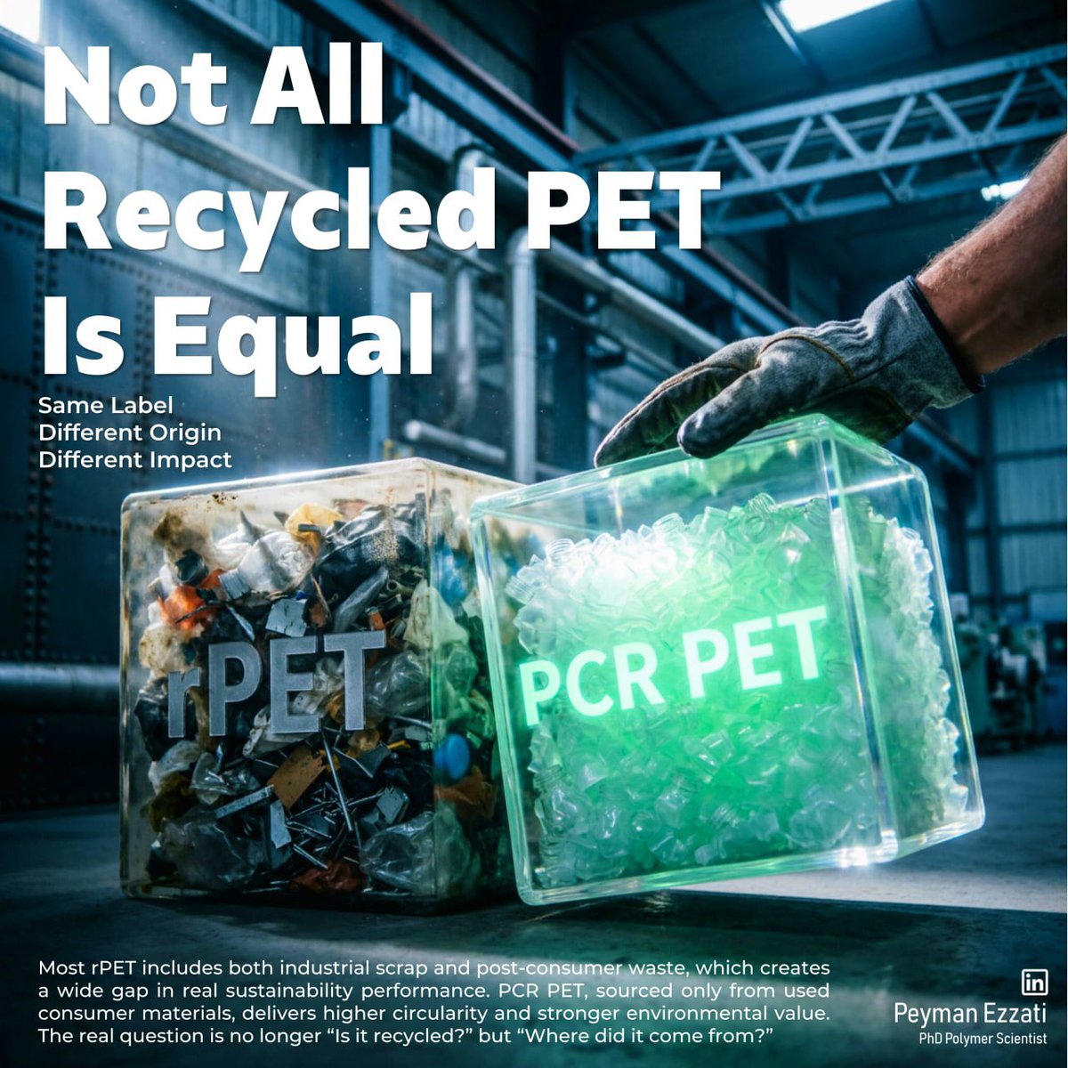 DrPeymanEzzati's tweet image. Two packages can both claim “recycled”, but deliver very different impact

Not all rPET is equal. PCR PET (post-consumer) drives real circularity and waste reduction.

Today, traceability and material origin matter more than recycled claims.

#Polymer #PET #rPET #Sustainability