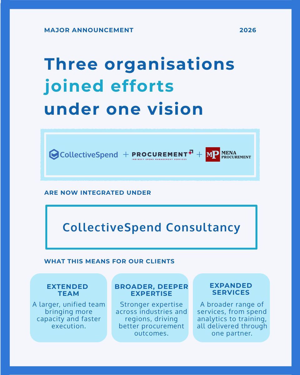 TailSpendExpert's tweet photo. Big news.

CollectiveSpend has brought together Procurement+ and MENA Procurement under one roof as CollectiveSpend Consultancy.

One partner. Extended reach. Deeper talent. More services.

Better #procurement, without the fragmentation. https://t.co/GMcR08y1OU
