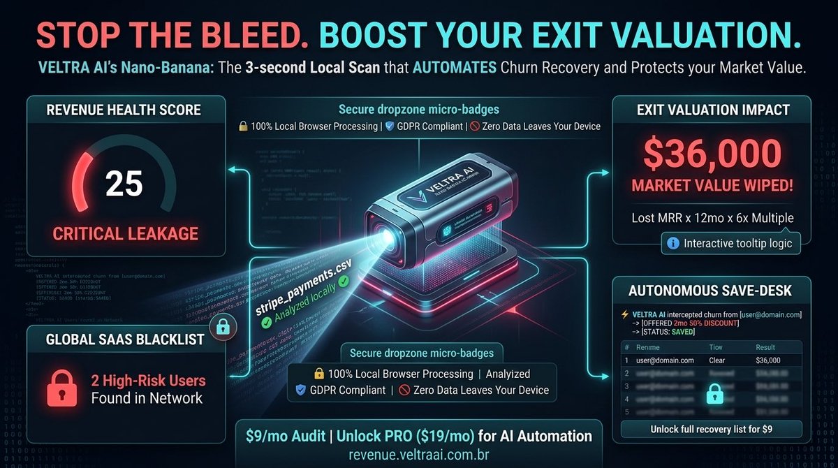 VELTRAAI's tweet photo. @mscode07 Your Stripe dashboard is hiding 5-15% of your lost MRR. 🩸

Don't let failed payments destroy your SaaS Exit Valuation. Run a 3-second local AI scan to find the exact leak and let VELTRA AI recover it on autopilot.

Stop the bleed: https://t.co/p7nh48xQbe https://t.co/U8EG01yCXg