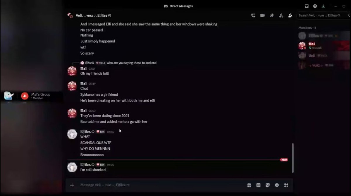 People rarely talk about this group chat which had Veli &amp; Yuki chatting here with Mal. What's interesting is that Veli is currently friendly with Sinder, who went through her own coordinated attack in April 2025.

So I have a question, how involved was she in Mal's situation? 🤔