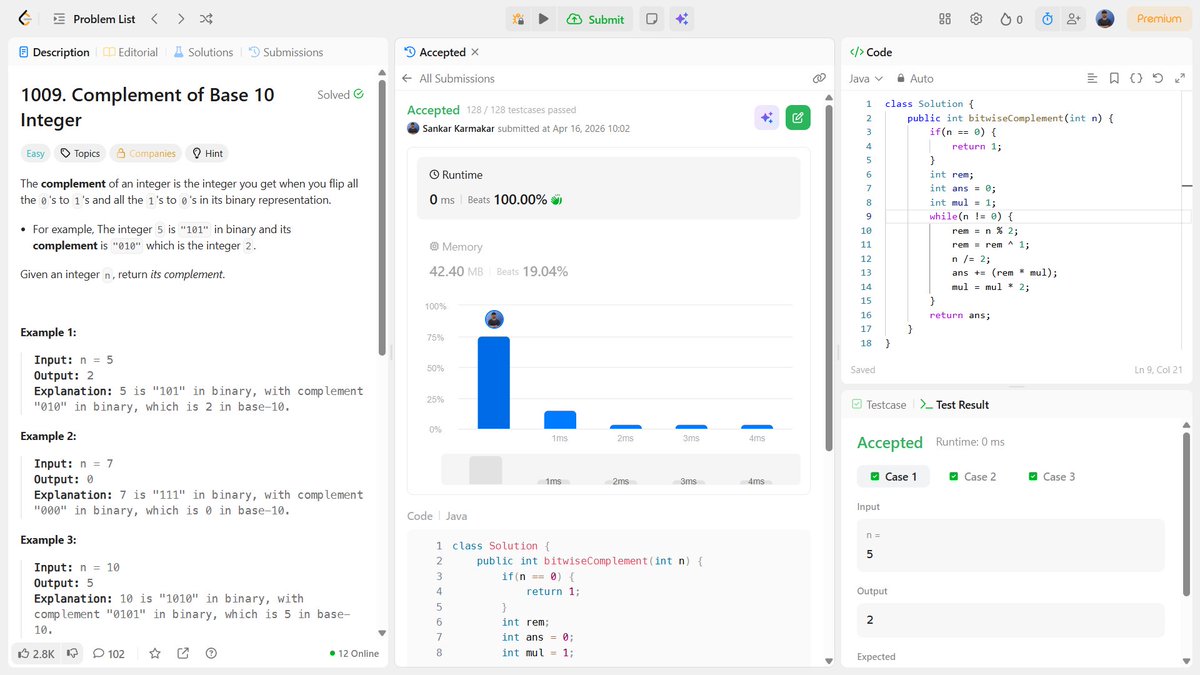 _sankar_01's tweet image. Data Structure And Algorithms 🚀💻
Question:- LeetCode 1009 - Complement of Base 10 Integer
Link:- leetcode.com/problems/compl…
Stay curious and keep coding! 💻✨
#datastructures #algorithms #dsachallenge #coders #dsa #questions #dsaquestions #leetcode #geeksforgeeks #hackerrank