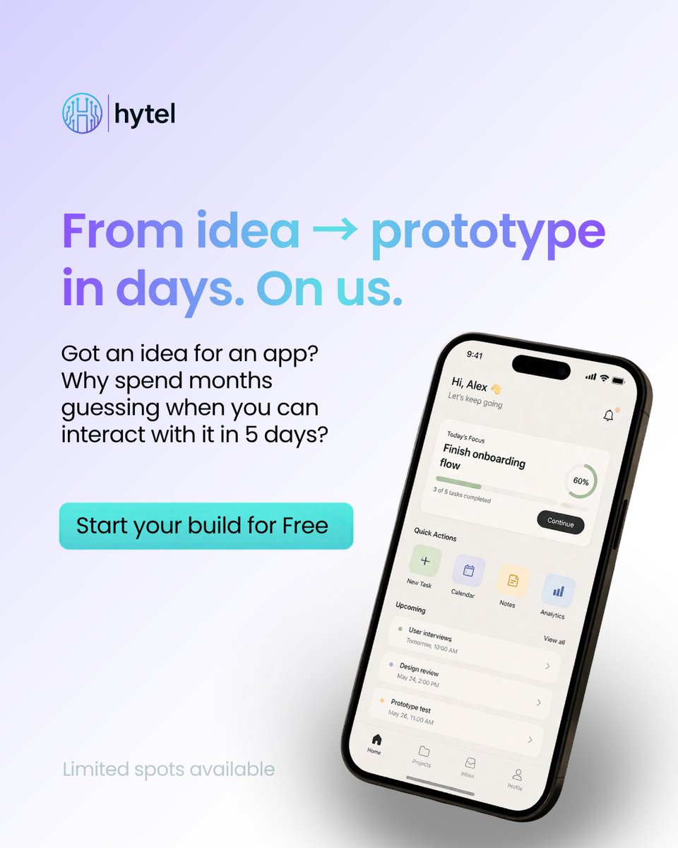 hytelglobal's tweet image. Got an app idea?
Turn it into a real, clickable prototype in days — not months.
Test it. Share it. Improve it.

Free. Limited spots. 

#sharetheopportunity #businessgrowth #appdevelopment #freeappprototype