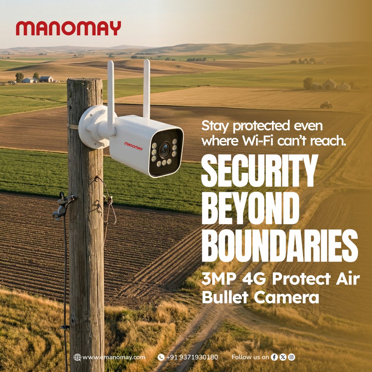 Manomay_india's tweet image. Stay protected even where Wi-Fi can’t reach. Manomay 3MP 4G Protect Air Bullet Camera delivers reliable surveillance with strong 4G connectivity and sharp outdoor clarity—perfect for remote security.

#Manomay #4GCamera #BulletCamera #OutdoorSecurity #RemoteSurveillance