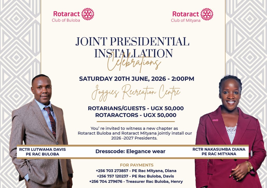 RctBuloba's tweet image. Big moments. Bold leadership. One unforgettable evening, two presidents one installation. The stage is set as @RctBuloba &amp;amp; @RMityana unveil a legacy.

🗓 20 June 2026 | 🕓 2PM
📍 @joggiescottages
🎩 Dress Code: Elegant
💳 Rotarians/Guests/Rotaractors: 50K

#Installations #Rotary