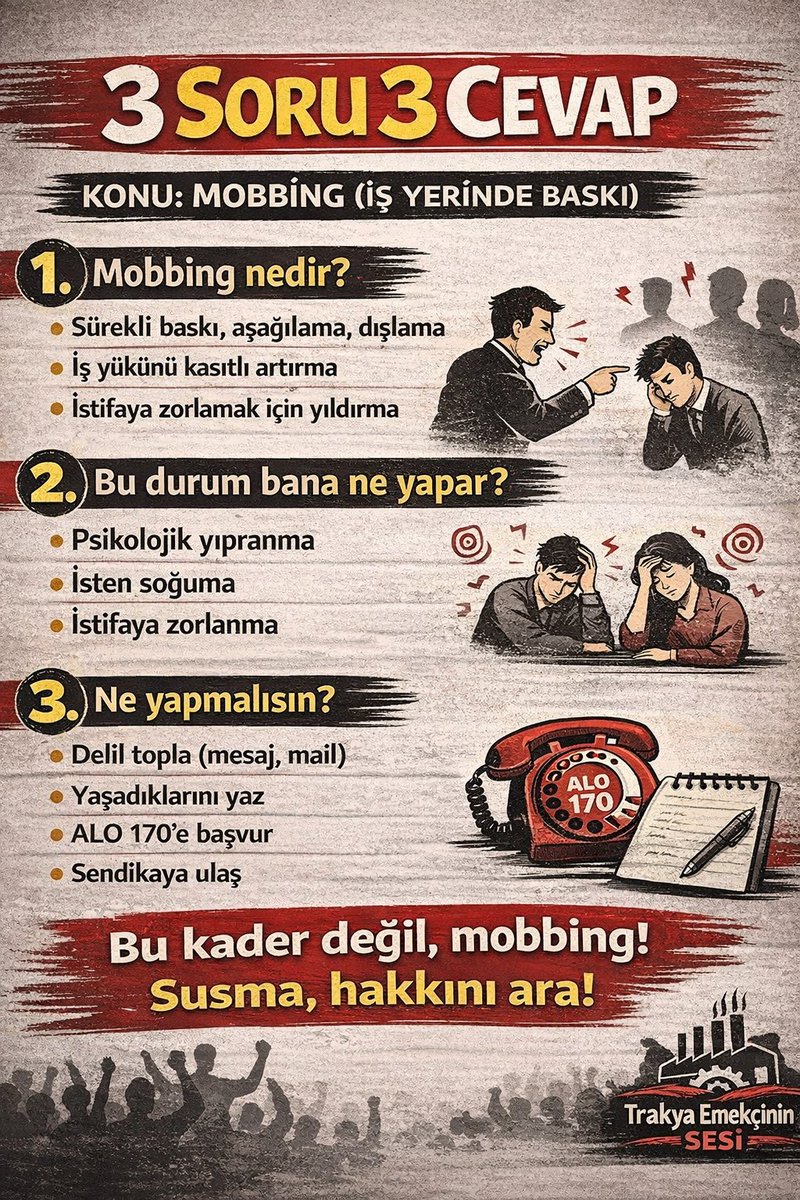İş yerinde baskı görüyorsan bu normal değil.
Bunun adı: MOBBİNG.
Susma, hakkını ara.

#işçi #mobbing #emek #hak #işhayatı 
#gündem #haber #sondakika #birliktegüçlüyüz #trakyaemekçininsesi