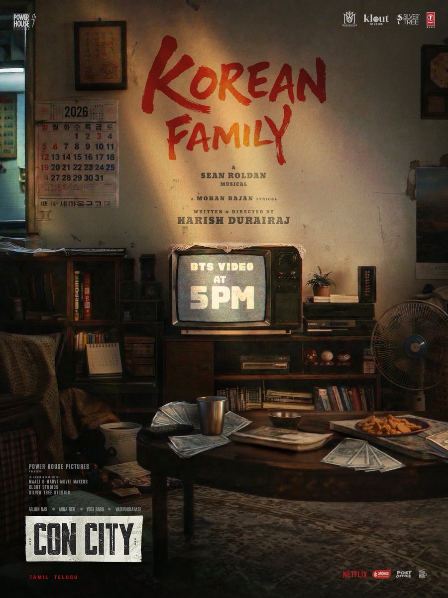 powerhousepic's tweet photo. Time for the entire world to dance  🕺

Korean Family - first single BTS video from #ConCity arriving today at 5PM.

An @RSeanRoldan musical.

A film by @harish_durairaj, coming soon to theatres.

Starring @iam_arjundas @benanna_love @iYogiBabu #Vadivukkarasi #Akhilan. 

@powerhousepic in association with @Maaliandmaanvi @kloutstudios and
@SilverTreeOffl

@arunprajeethm @vijaymp29 @proyuvraaj @Netflix_INSouth @TSeries @tseriessouth @vithurs_ @ahimsafilms @sidhuwrites