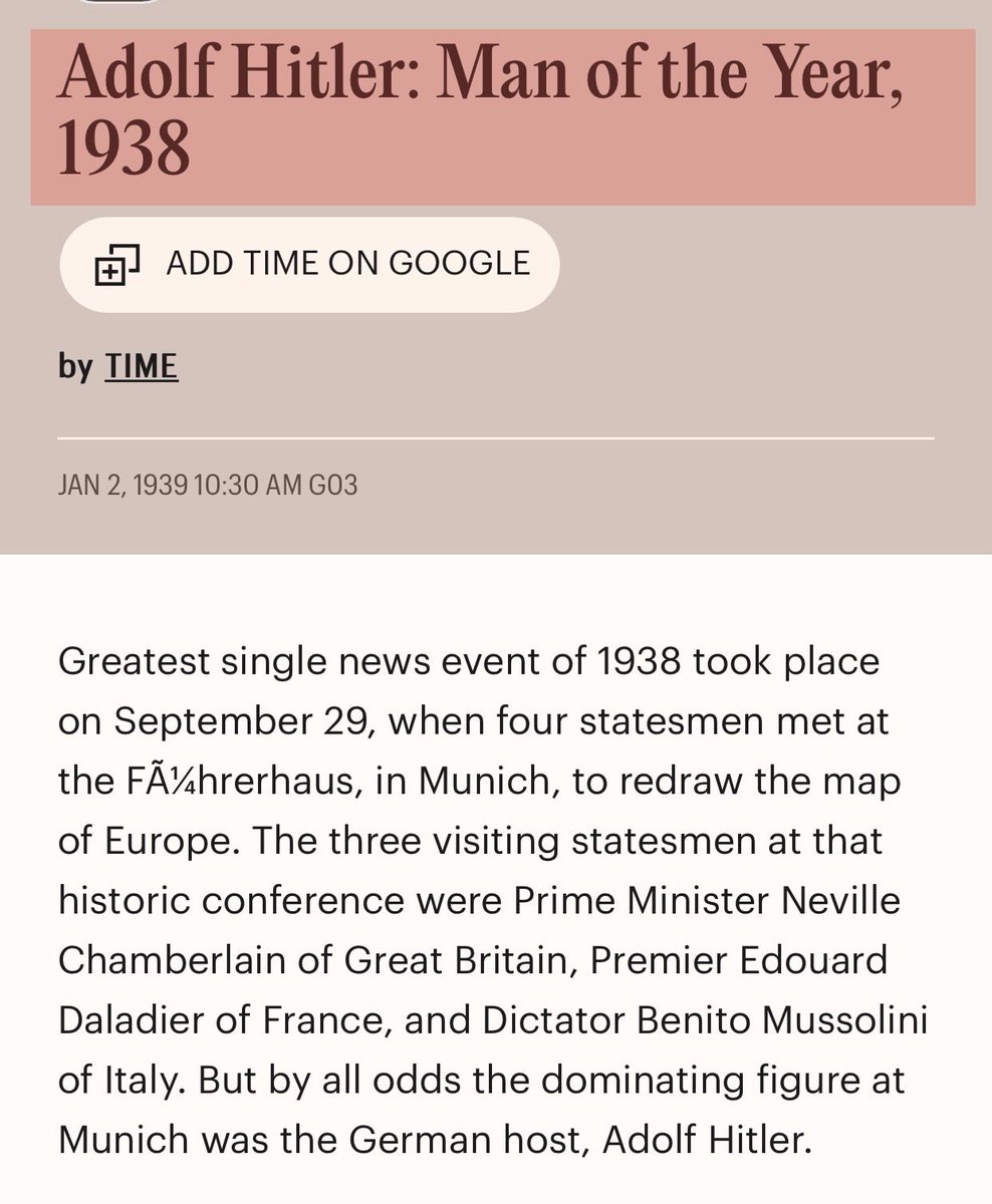 सन् १९३८ मा एडोल्फ हिटलर 'टाइम वर्ष व्यक्ति' भएका थिए।