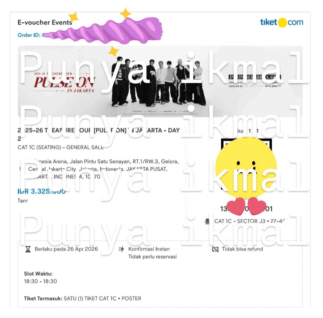 hswosw's tweet photo. WTS 
[2026 TREASURE TOUR <PULSE ON> IN JAKARTA]
Indonesia Arena
DAY 2 - 26 April 2026
6.30 PM

Available tickets;
— CAT 1C General Sale J3 • 27 - 460 (center section)

Bisa nego (diurus sampai tiket fisik)

#TREASUREinJKT #PULSE_ON_JAKARTA #PULSE_ON #PULSE_ON_JAKARTA https://t.co/FScQgPVfku