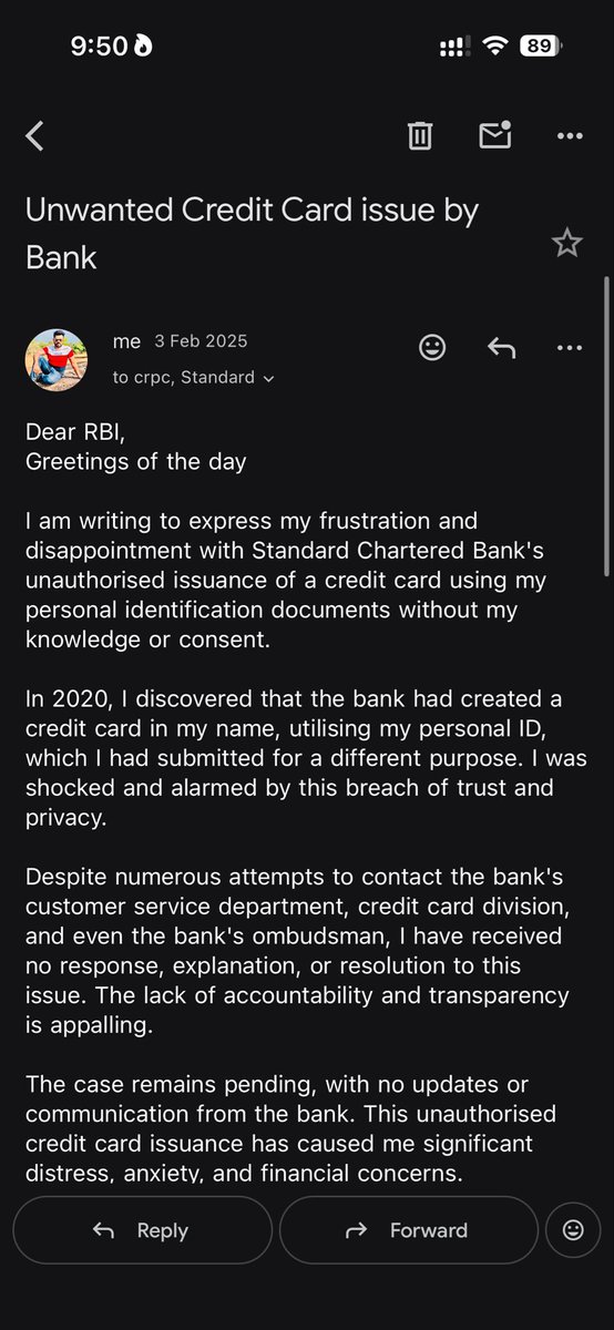 Nikhilsaaya8890's tweet image. @StanChartIN 6 साल पहले मेरे PAN का गलत इस्तेमाल कर क्रेडिट कार्ड लिया गया। FIR और साइबर सेल में शिकायत के बावजूद समाधान नहीं हुआ। बैंक स्टाफ की मिलीभगत की आशंका है। रिकवरी कॉल्स से मानसिक प्रताड़ना हो रही है और मेरा #CIBIL बर्बाद हो गया है। @RBI तत्काल हस्तक्षेप करे!