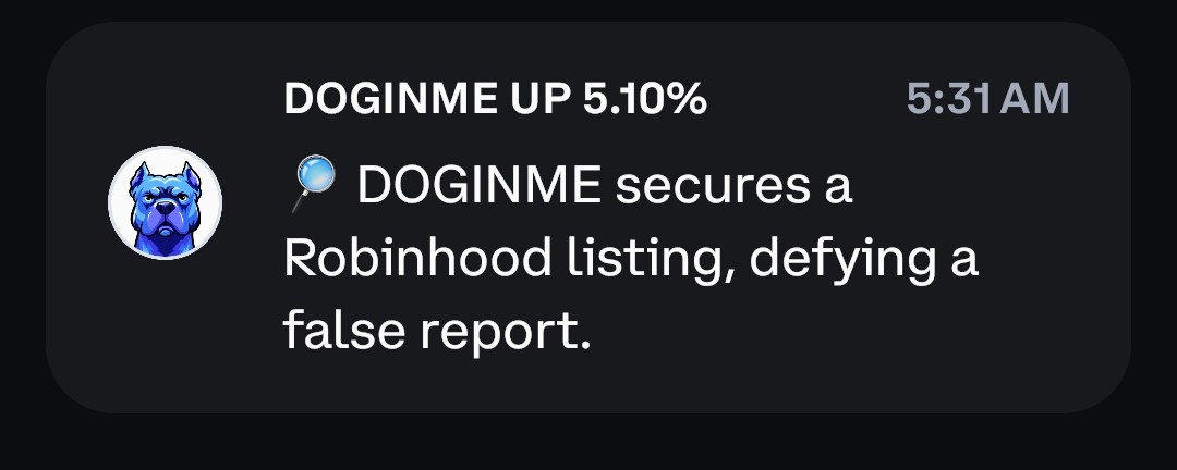 CryptoRytec's tweet photo. @1000xgirl $DOGINME Tokenized self belief with it's new listing at Robinhood https://t.co/vZCJPrltG5