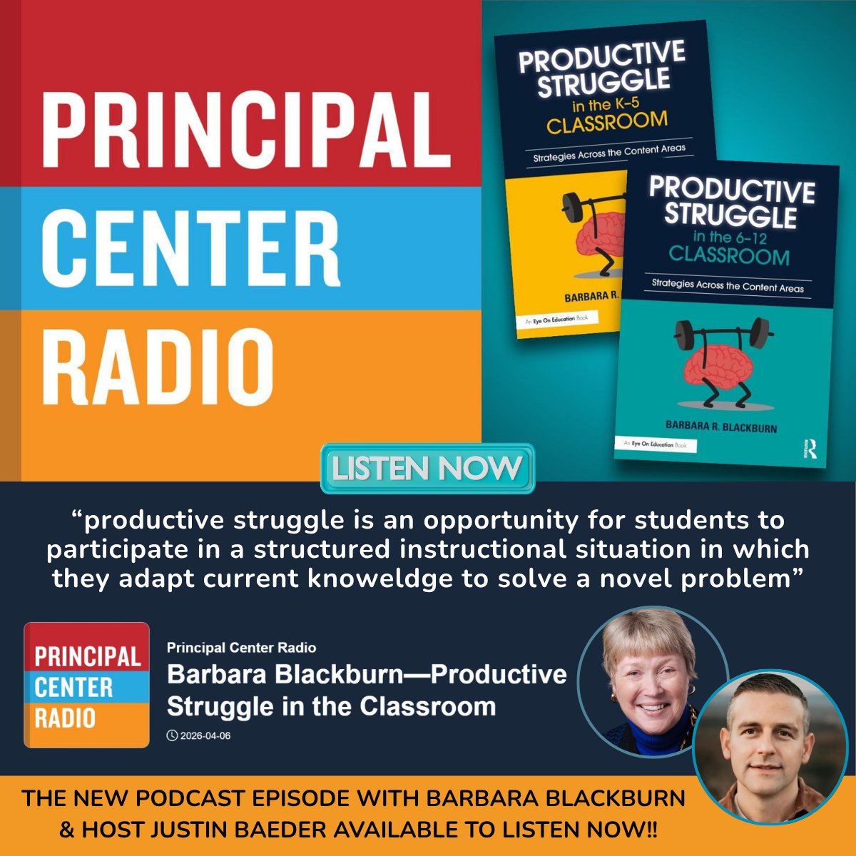 BarbBlackburn's tweet image. My NEW conversation on the wonderful and informative Principal Center Radio Podcast is NOW Available to listen for FREE, as we discuss Productive Struggle in Your Classroom. 
#education #learning #studentgrowth #teachingand i