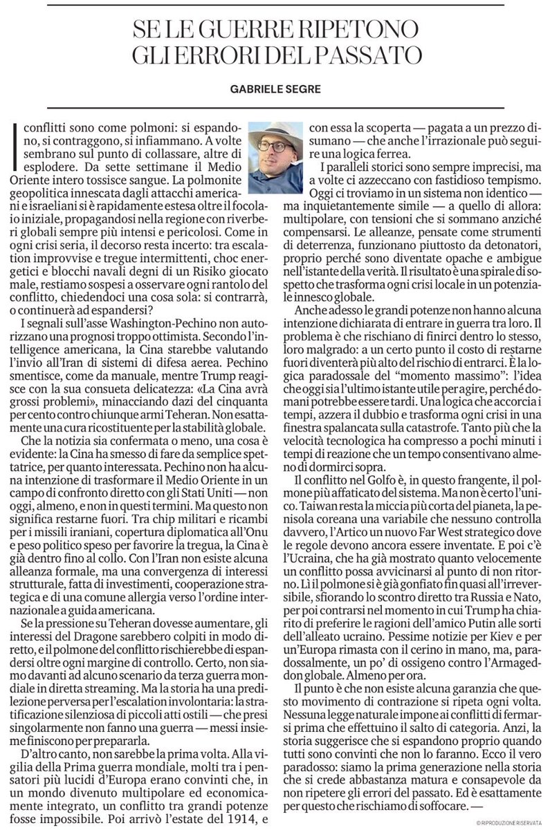 GabrieleSegre's tweet image. #China, #America, and the #wars that keep repeating the #mistakes of the past. I write on this in my piece published this morning on @LaStampa.

#Cina, #USA e le #guerre che ripetono gli errori del #passato. Di questo scrivo nel mio pezzo uscito questa mattina su #LaStampa.