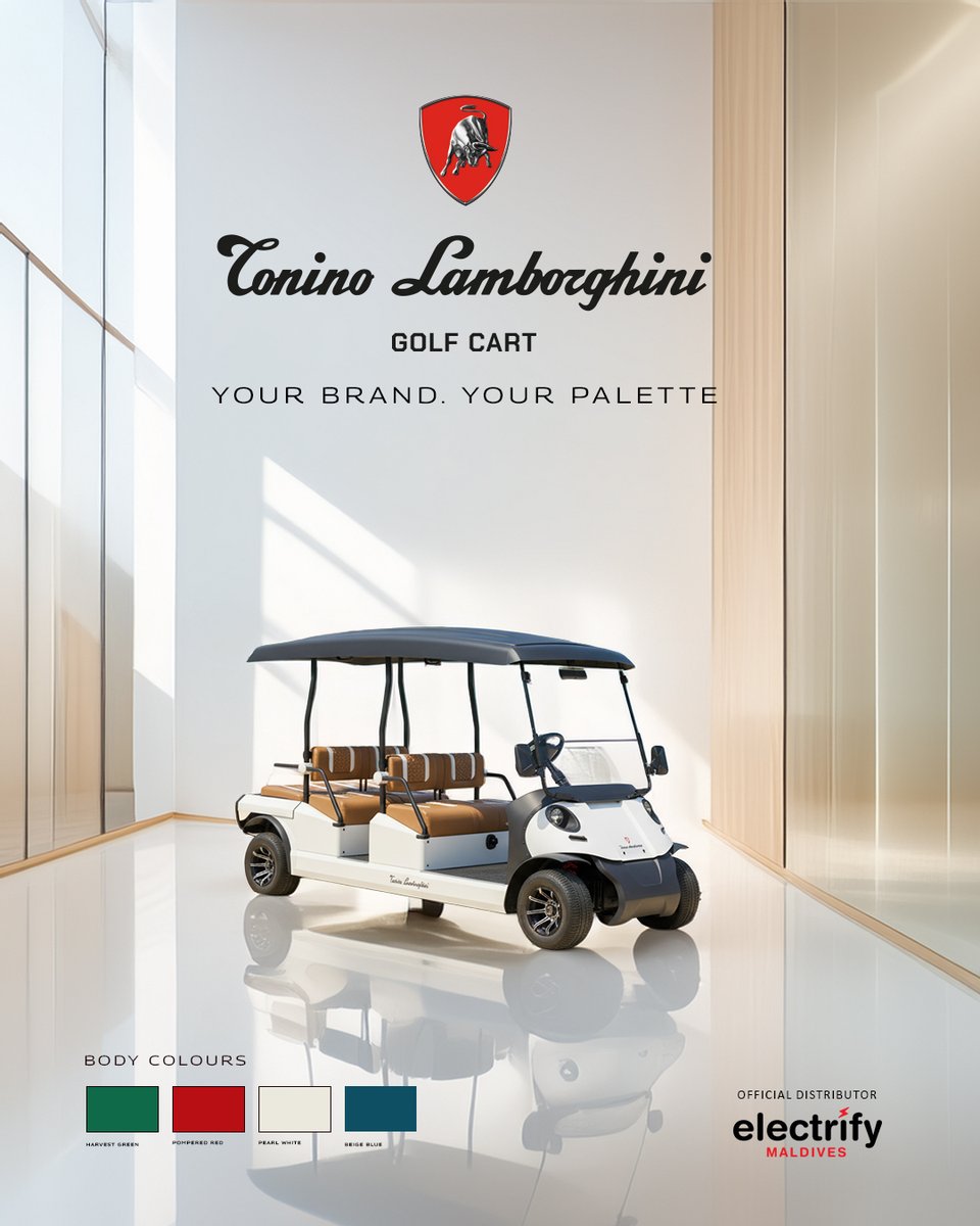electrifymv's tweet image. In a destination where every detail matters, your mobility should reflect your brand.

Introducing customizable Tonino Lamborghini Golf Carts
Designed to complement your resort’s identity.

#ToninoLamborghini #MaldivesLuxury #ResortLife #ElectrifyMaldives #LuxuryTransport