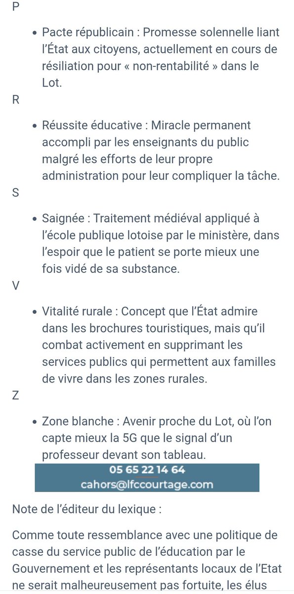 PigeonEngage's tweet photo. 🍰Le conseil départemental du Lot a adopté un lexique à l'usage du rectorat  suite aux fermetures de classe.

[A]mbition éducative : Concept abstrait consistant à supprimer des moyens tout en demandant de meilleurs résultats (...)

💥A lire et partager !
 https://t.co/O8PIbjDaad https://t.co/3nuvVVXKbX
