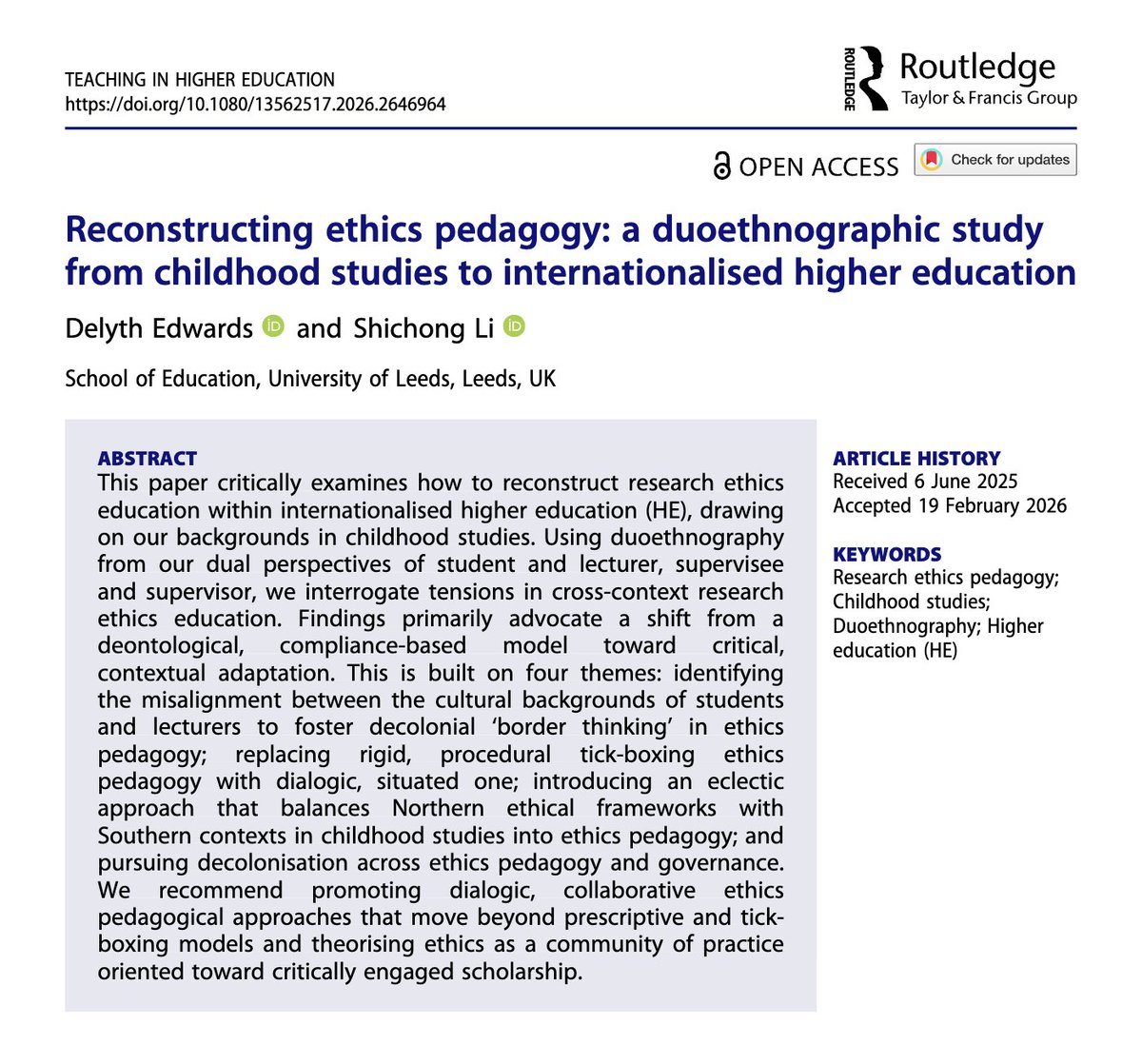 TeachinginHE's tweet image. New publication alert! 🚨 

Reconstructing ethics pedagogy: a duoethnographic study from childhood studies to internationalised higher education

By Delyth Edwards and Shichong Li

tandfonline.com/doi/full/10.10…

#HigherEducation #ResearchEthics