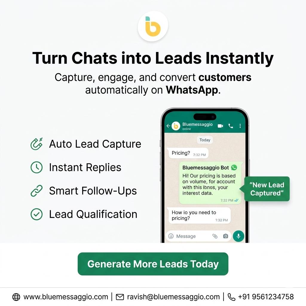 Blue_Messaggio's tweet image. Stop losing potential customers in chats. ❌💬

With Bluemessaggio, turn every conversation into a qualified lead—automatically on WhatsApp.

👉 Start generating high-quality leads today!

#Bluemessaggio #LeadGeneration #WhatsAppMarketing #SalesAutomation #BusinessGrowth