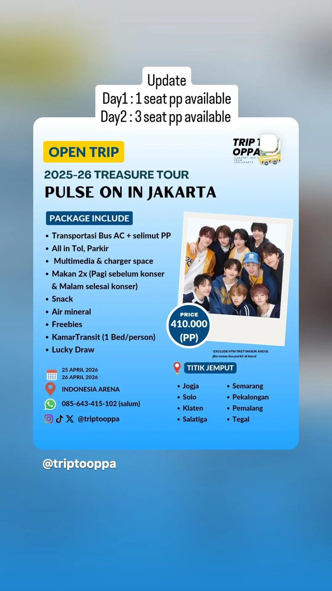 Yang masih cari trip treasure dari Jogja, Solo, Semarang
Kita masih ada seat ya
Day1 : 1seat available
Day2 : 3 seat available