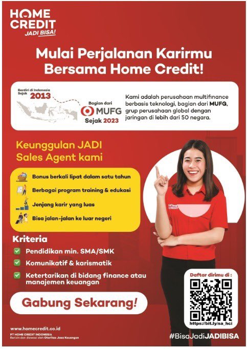 jalanjaha's tweet image. PT Home Credit lagi buka lowongan Sales Agent:
💸 Bonus jalan-jalan
📈 Skill naik
🌍 Bisa ke luar negeri

Gak harus pengalaman, yang penting niat berkembang.
Kalo ada yang minat feelfree DM ya✨

#Loker #Karir #Lokercot #zonauangㅤ