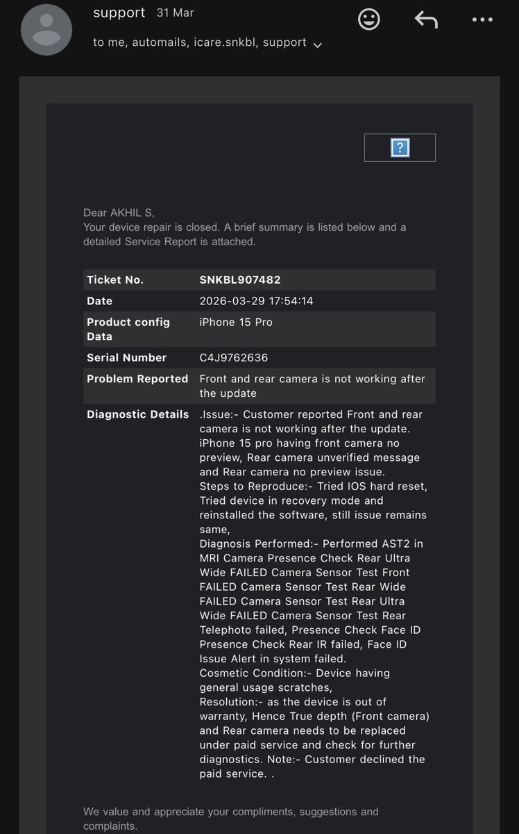 akhils350's tweet image. Almost ₹2 Lakhs spent in 2 years for no fault of mine. Pristine condition, zero scratches. Attached are the service records &amp;amp; the current estimate. Need a resolution! @AppleSupport #iPhone15Pro #TechFail