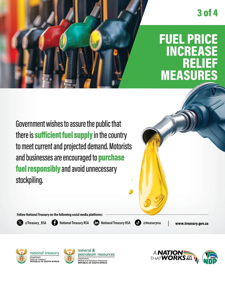 GovernmentZA's tweet image. ✅ Fuel supply update

Government assures the public that there is sufficient fuel supply to meet current and projected demand.
Motorists and businesses are encouraged to purchase responsibly and avoid unnecessary stockpiling. 

#FuelPricing #EnergySecurity #GovZAUpdates