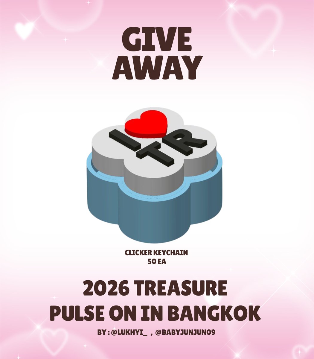 ౨ৎ⋆Giveaways for Pulse on in bkk ⋆౨ৎ

🍀 Clicker Keychain 50 ea

📍 : Suphachalasai Stadium
📆 : 16 may 2026
⏰ : tba

** please, kindly retweet and show up **

⚠️ไม่รับแลก เนื่องจากผลิตมาน้อยค่ะ 🙇🏻‍♀️
#PULSE_ON_IN_BANGKOK #TREASURE_PULSE_ON_IN_BKK #TREASURE