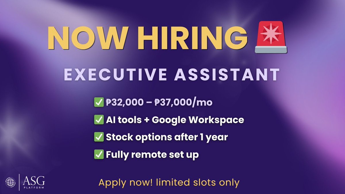 asg_platform's tweet photo. Tech-savvy? Organized? Good with AI tools? This role was built for you. 

This isn't just an admin job. It's a career. 💼
Apply now 👉 https://t.co/CpiRqbe0Pi

#NowHiring #RemoteWorkPH https://t.co/geuCNrDv43