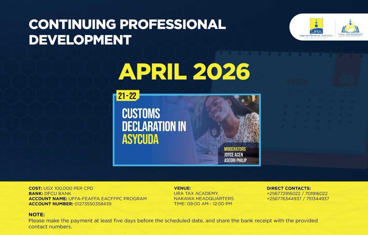 TheeeeGenius's tweet photo. Sharpen your declarations skill set through @URAuganda #CPDTraining. More information in the flier below!
Take note of the dates too.
#FfeBano https://t.co/LLv2R4iK09