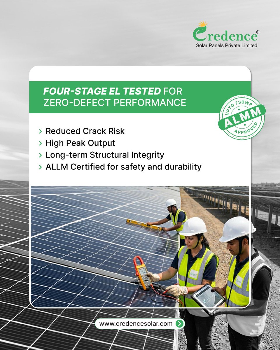 Credence_Solar's tweet image. At Credence Solar, every panel goes through strict multi-stage testing, so you get consistent output, lower risks, and long-term reliability you don’t have to second-guess.

#CredenceSolar #SolarModule #SolarQuality #SolarTesting #CleanEnergy #ALMMApproved #HighPerformance