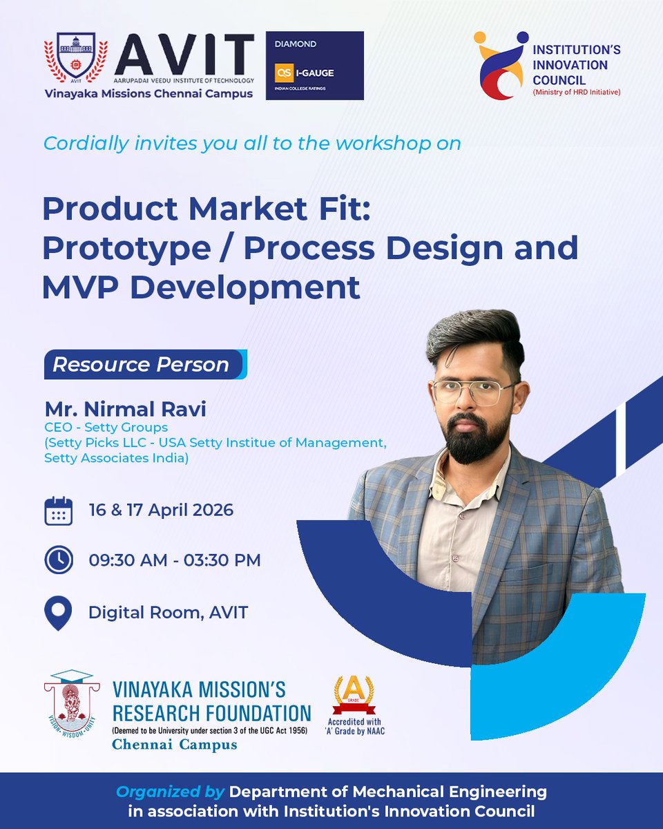 AVITChennai's tweet image. Join us for an exclusive workshop on Product Market Fit, Prototype Design &amp;amp; MVP Development and take your innovation journey to the next level. 

#AVIT #Workshop2026 #ProductMarketFit #MVPDevelopment #StartupIndia #Innovation #Entrepreneurship #PrototypeDesign