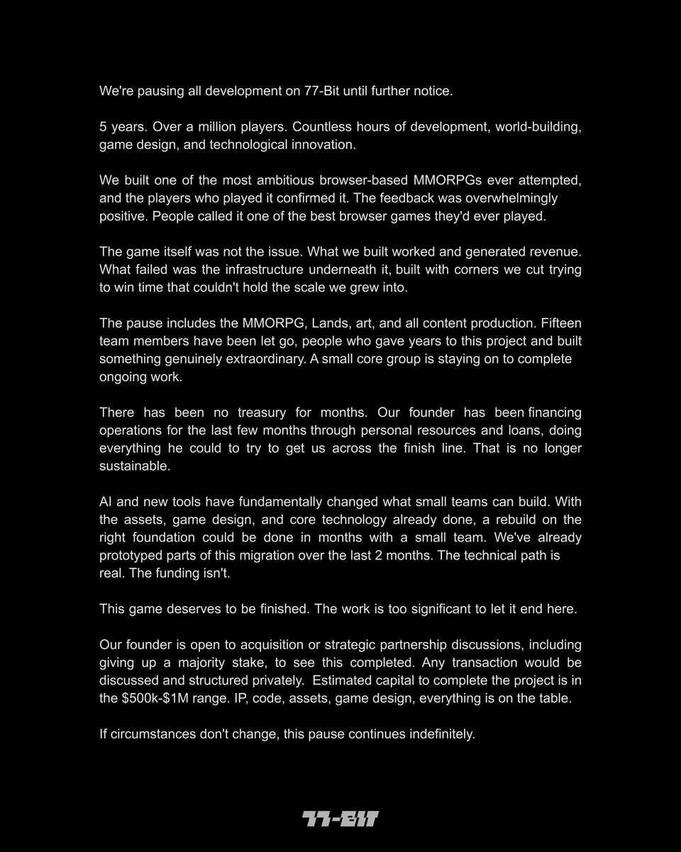 GamingDailyx's tweet photo. BREAKING 🚨: @the77bit Halts Development and Seeks Acquisition After Funding Runs Out

A browser-based MMORPG with five years of development, and a treasury that ran out

The Beta Test (March 19 to April 4, 2025)

• Beta ran March 19 to April 4, 2025
• Over 1 million attempted access, only 20,000 made it in
• Strong retention across all cohorts, with players averaging 2.5 hours of gameplay per day
• Nearly $500K in purchases recorded, all driven by gameplay spending, not token incentives
• ARPPU of $45 across 11,000 paying users

Abstract NFT History (April 18 & 29, 2025)

• Origin Skin NFTs were minted free for beta participants, with additional skins available at 0.005 ETH
• Quantum Core NFT sale had 5,000 supply, soulbound, priced at 0.22-0.29 ETH
• Quantum Core NFT did not sell out, only 1729 were minted and the rest were burned
• Likely because of this, the funding for the project became significantly harder

No Token Announcement (October 22, 2025)

• It was announced that 77-Bit is not launching a token

Buying 77 Days (November 25, 2025)

• Fanfaron announced they had $370K left in treasury against $440K in unpaid taxes and a $65K/month burn rate, he emptied his personal bank account to keep the project alive
• A 20% USD vs Swiss Franc drop created a $200K shortfall the team couldn't absorb
• The founder had taken no salary for two years, and committed to 77 days of radical transparency - ship or step down
• "Most founders hide when they bleed. I'm turning the camera on."

Day 77 Update (February 12, 2026)

• He didn't ship. Smart contract audits had been in progress for 3 weeks and launching unaudited contracts was a line he refused to cross
• Season 1 was fully complete, ready to go live the moment audits cleared
• He chose not to step down, believing a leadership transition with no funding would kill the project entirely
• Took out a personal loan to keep the lights on
• "There's no hidden treasury. There's no secret fund. There's me, a loan, and a team that still believes in what this becomes."

Full Pause (February 15, 2026)

• All development paused indefinitely - the MMORPG, Lands, art, and content production
• 15 team members let go, a small core group remains
• The game itself worked and generated revenue. What failed was the underlying infrastructure built with shortcuts to survive early growth
• Founder open to acquisition or strategic partnership, majority stake included, estimated $500K-$1M needed to complete the project
• "This game deserves to be finished. The work is too significant to let it end here."

Whether this ends here or finds a second life, the project is now in the hands of whoever is willing to fund it