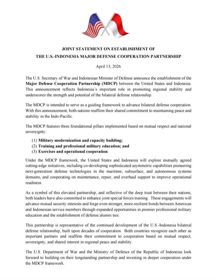 arif_gemuri's tweet photo. JOINT STATEMENT ON ESTABLISHMENT OF
THE U.S.-INDONESIA MAJOR DEFENSE COOPERATION PARTNERSHIP

https://t.co/3jN5ipImvY https://t.co/aiyV3W5AeA