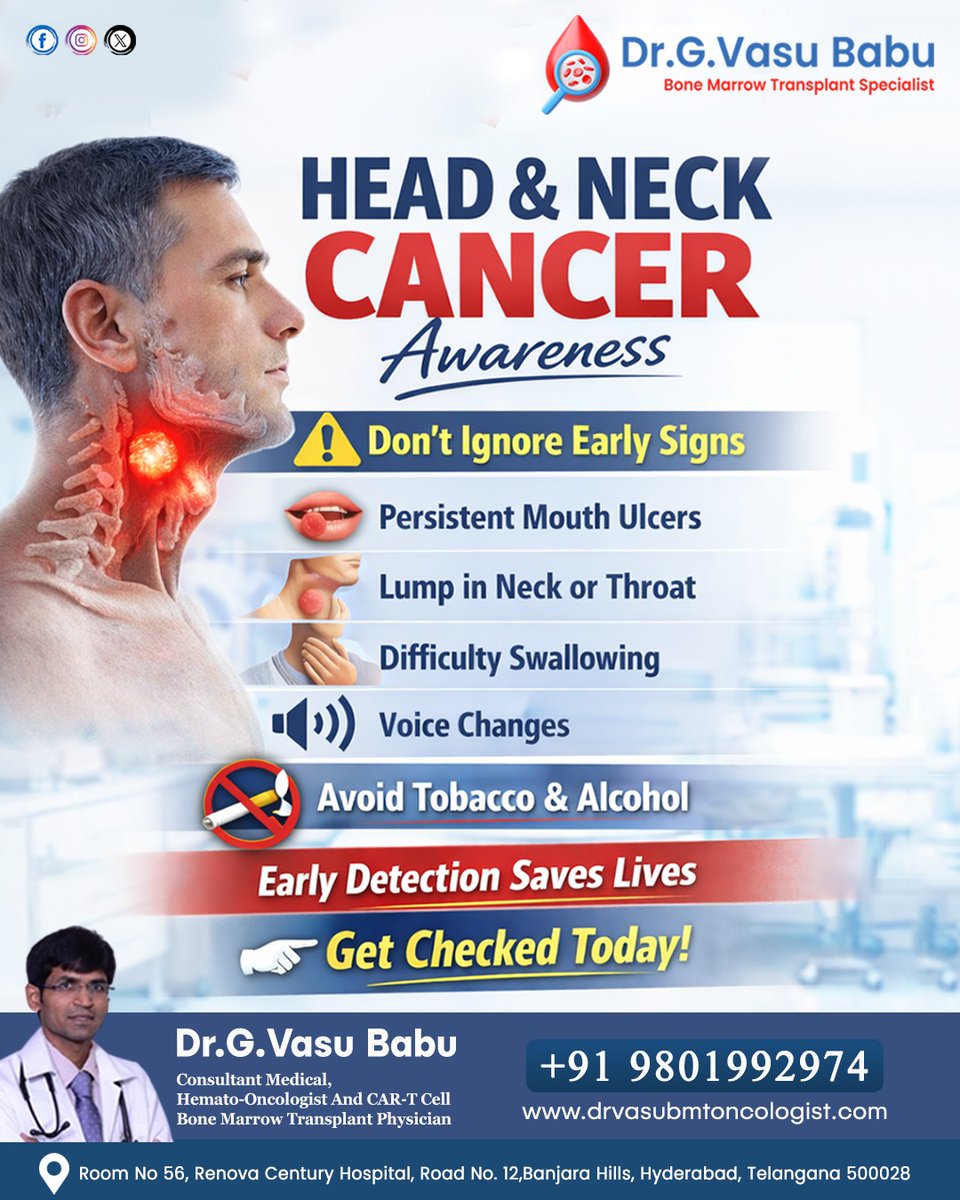 drvasu_onco's tweet image. Head and neck cancer signs like ulcers lumps swallowing difficulty or voice changes need early screening #HeadAndNeckCancer #CancerAwareness #EarlyDetection #Oncology #Screening get checked today

#DrGVasuBabu #OncologistIndia #MedicalOncologist #HematoOncologist