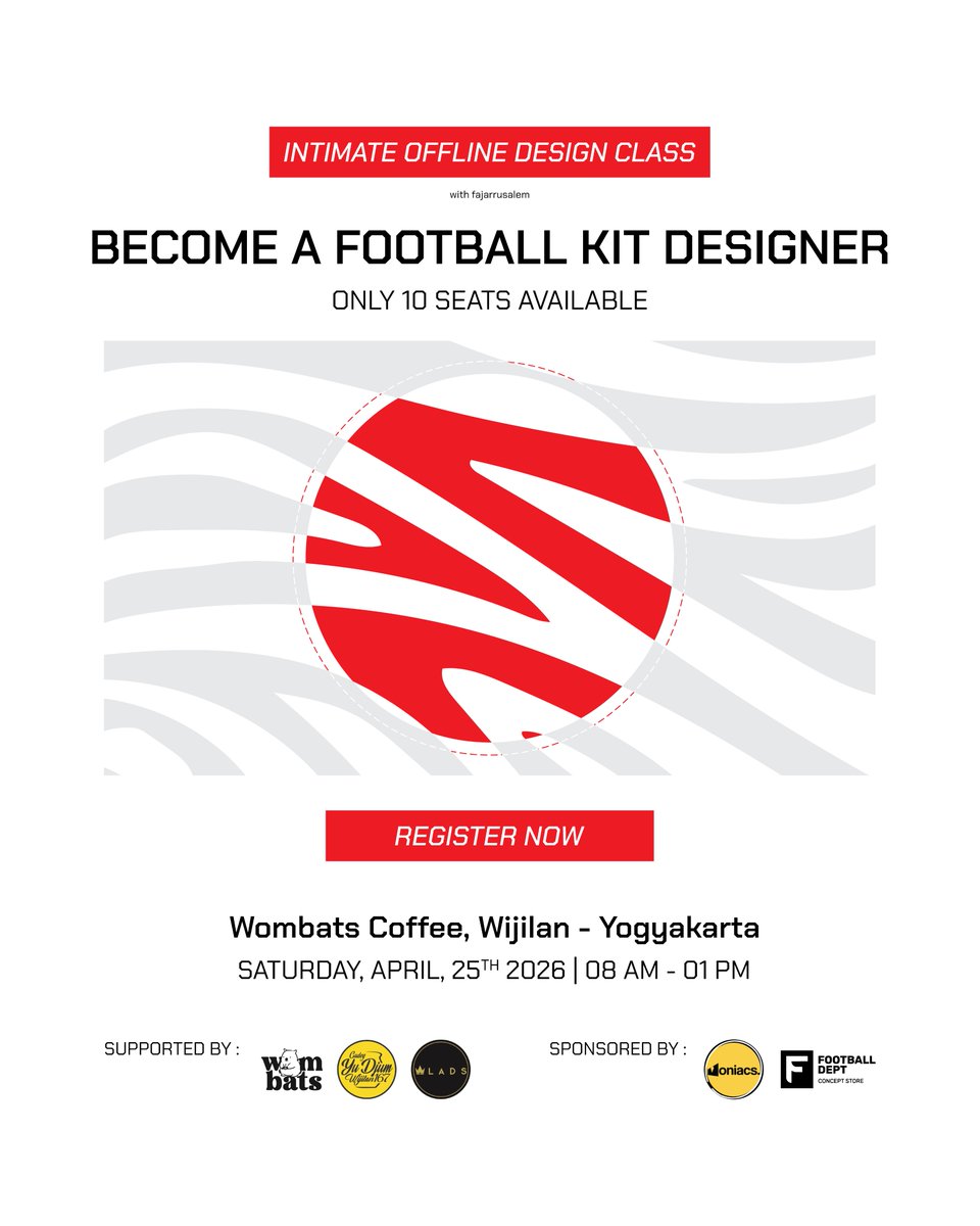 fajarrusalem's tweet photo. Design jersey itu bukan cuma soal style — tapi story telling.

Jersey yang kuat selalu punya konsep, riset, dan cerita di baliknya. 

Dan di industri yang terus berkembang, kebutuhan akan designer juga semakin besar.

Di workshop ini, saya akan share langsung gimana proses design jersey itu dibangun — dari memahami elemen dasar, cara berpikir dalam design, sampai real case dari pengalaman di industri.

Bukan cuma teori, tapi juga praktik.
Bukan cuma belajar, tapi juga diskusi langsung.

Ini jadi offline design class kedua yang akhirnya bisa terlaksana — dan saya ingin ini jadi ruang berbagi yang proper untuk teman-teman yang serius di bidang ini.

🎯 Limited seats available

Pendaftaran bisa langsung DM
atau WA 082245324440 

-

Sementara ini diunggah, sudah dua tempat dipesan, berarti tinggal 8 lagi ya.
