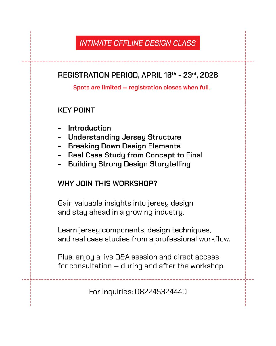 fajarrusalem's tweet photo. Design jersey itu bukan cuma soal style — tapi story telling.

Jersey yang kuat selalu punya konsep, riset, dan cerita di baliknya. 

Dan di industri yang terus berkembang, kebutuhan akan designer juga semakin besar.

Di workshop ini, saya akan share langsung gimana proses design jersey itu dibangun — dari memahami elemen dasar, cara berpikir dalam design, sampai real case dari pengalaman di industri.

Bukan cuma teori, tapi juga praktik.
Bukan cuma belajar, tapi juga diskusi langsung.

Ini jadi offline design class kedua yang akhirnya bisa terlaksana — dan saya ingin ini jadi ruang berbagi yang proper untuk teman-teman yang serius di bidang ini.

🎯 Limited seats available

Pendaftaran bisa langsung DM
atau WA 082245324440 

-

Sementara ini diunggah, sudah dua tempat dipesan, berarti tinggal 8 lagi ya.