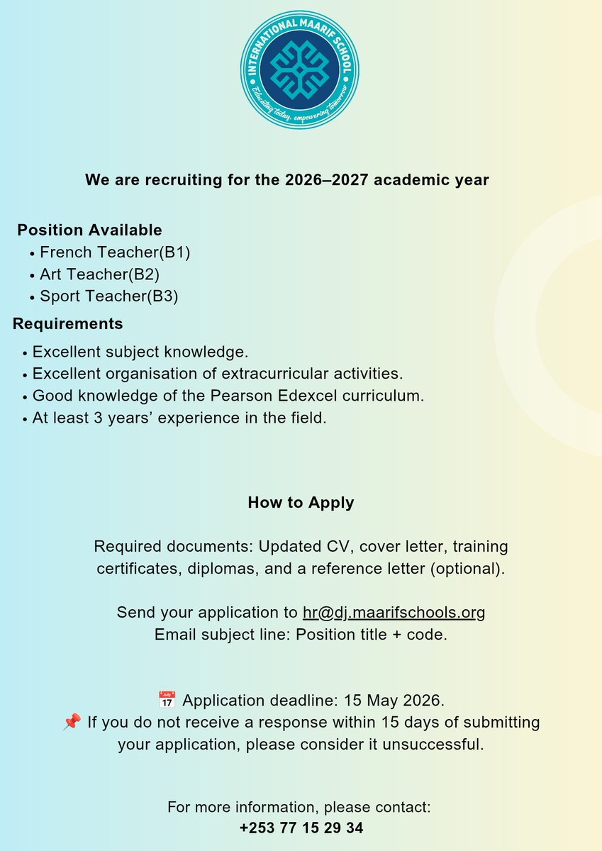 maarifDJIBOUTI's tweet image. We are hiring! 🚀

Join the Maarif Community of Djibouti and be part of a great educational and professional journey.

#Recruitment #MaarifDjibouti #JoinUs
